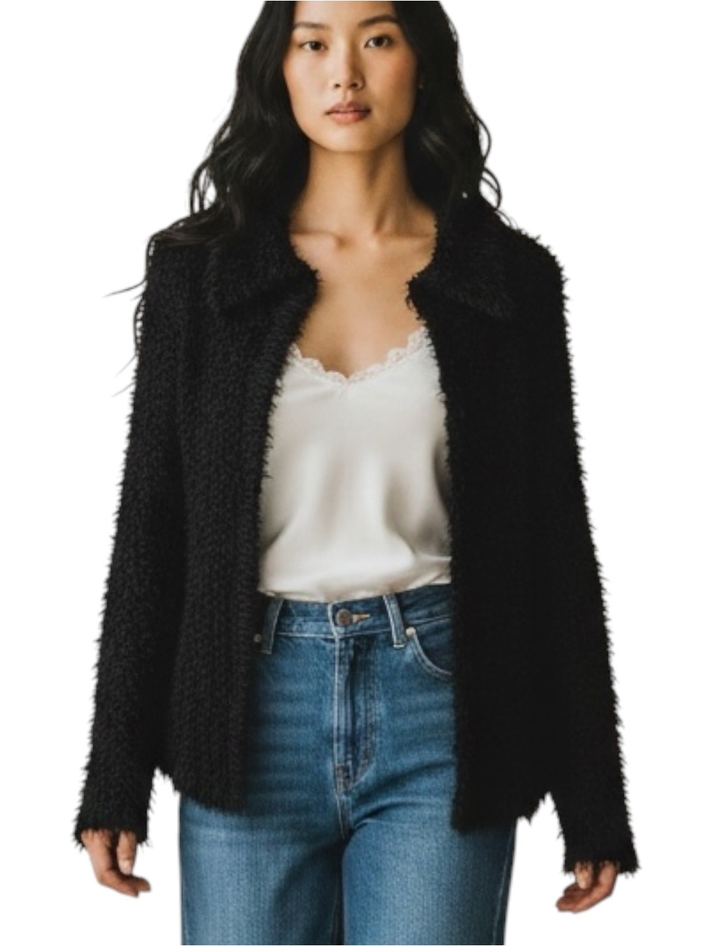 PUTUMAYO Vintage Black Furry Cardigan Sweater Size S Witchy WhimsiGoth